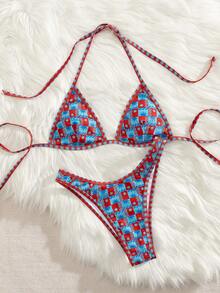 PEPPERMOLLY New Soft Grid Print Halter Tie Up Bikini Set, Women Fashionable Beach Swimwear, Red