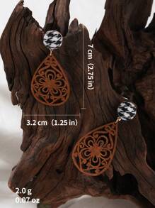 1 Pair Vintage Boho Style Wooden Carved Water Drop Pendant Earrings, Suitable For Daily Wear And Gatherings