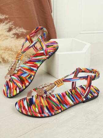 Women's Comfortable Boho Style Flat Rainbow Sandals, Lightweight Summer Beach Casual Versatile Roman Shoes
