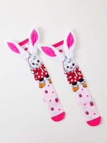 1 Pair Of Cute Socks For Girls,Rabbit Ears Kids Socks,Family Gift For Bunny Ears Cute Decor Knee Socks,Playful Design And Soft Wear,Perfect For School And Outside Playtime - Pink - View 3