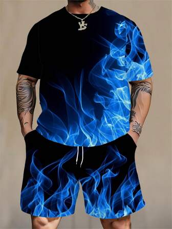 Men Plus Size Ombre Blue Flame Print Plus Size Short Sleeve Tee & Shorts Set, 3D Graphic Round Neck Top & Shorts Stretchy Breathable Polyester | Casual Sportive Style Loose Fit, Suitable For Daily Wear & Gatherings, Cozy Outfits