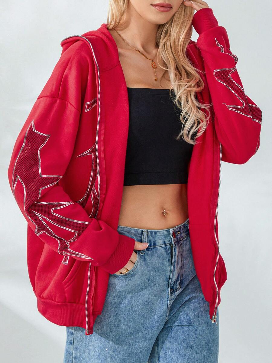 Women Loose Fit Sweatshirt Casual Print Zip Up Hoodies Long Sleeve Jacket With Pockets Autumn Streetwear - Red - View 1