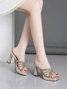 Women's Summer New High Heel Sandals, Thick Heel Waterproof Platform Metal Decor Transparent Open Toe Slides