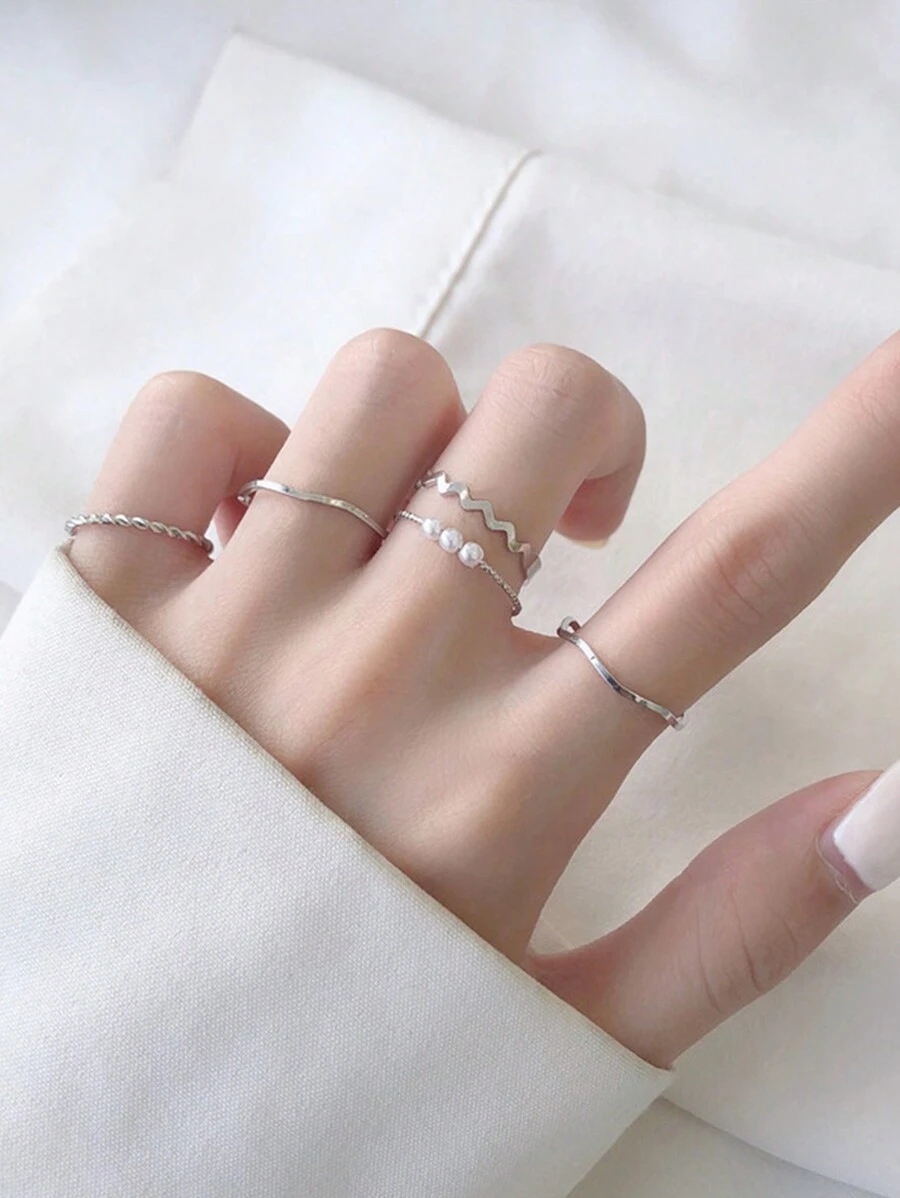 5 件/套女士时尚珍珠首饰波浪戒指，情人节优雅戒指，适合情侣、好友、日常佩戴