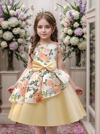 儿童花卉印花蝴蝶结装饰可爱公主裙，适合婚礼、生日派对、时装表演、钢琴演奏会