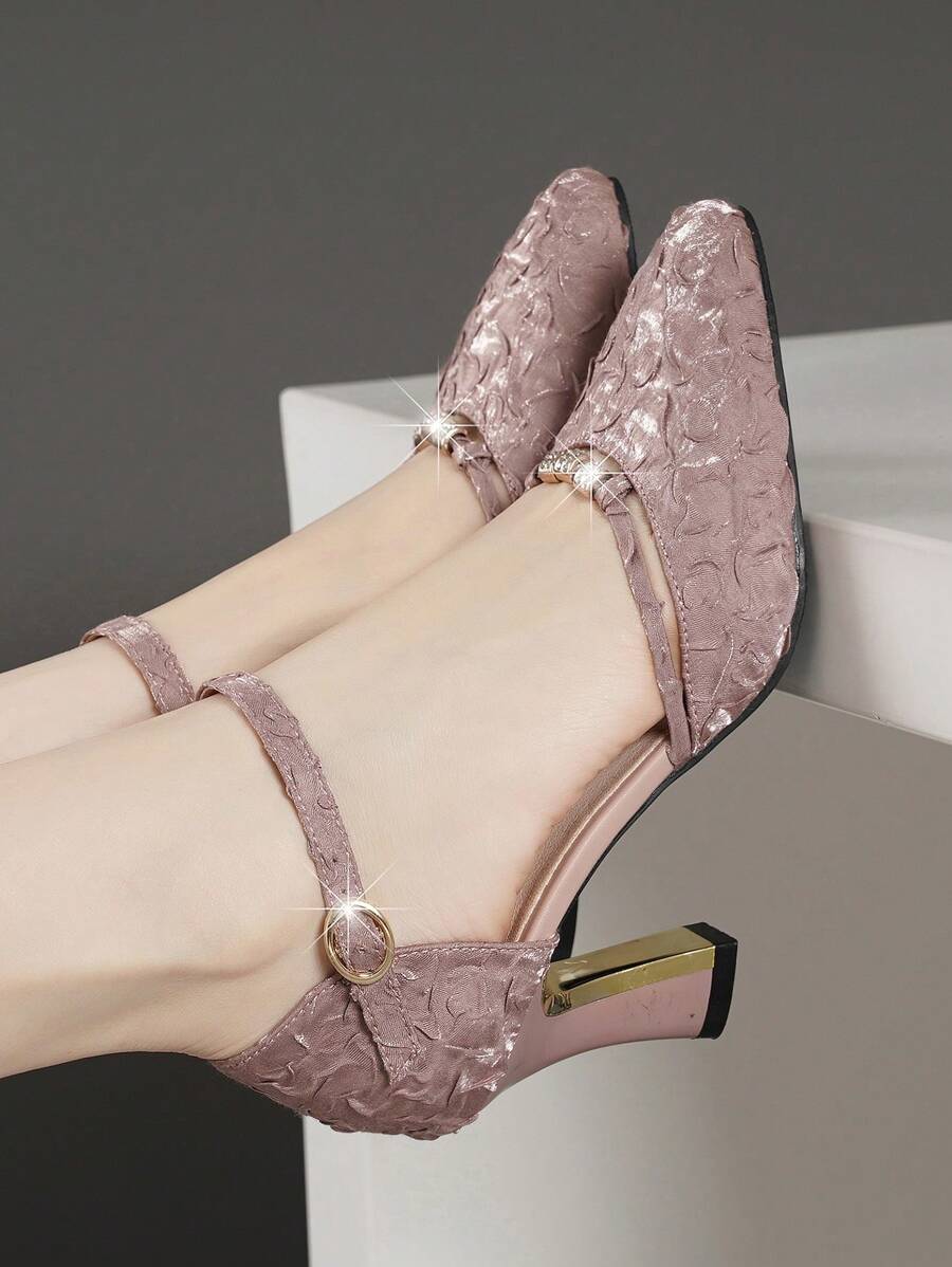 2025秋冬新款女士春夏粗跟带水钻镂空尖头高跟鞋，优雅，适合派对穿着 - 淺粉色 - 查看 1