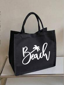 1 bolsa de lona tipo tote con impresión de letra, bolsa de regalo personalizada para la playa, de gran capacidad, impermeable y portátil, bolsa de playa con letra para vacaciones, paquete de trabajo, bolsa de lona con cremallera para compras, estilo tanto para mujeres como para hombres, ideal para escuela, universidad, trabajo, negocios, traslados, exteriores, viajes, salidas, vacaciones, bolsa de almuerzo para el Día del Maestro (negra), bolsas de viaje de gran tamaño, bolsa de verano
