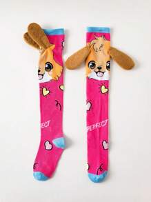 1 Pair Of Cute Socks For Girls, Cute Dog Ears Decor Kid's Knee High Socks,Cartoon Ear Handmade Socks,Family Or Friend For Gift,Suitable For All Season Outfit Socks