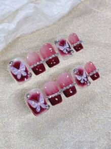 YADORNOS 10 piezas Uñas postizas cortas en forma de ataúd, de acrílico prensado a mano, con diamante, en color borgoña con diseño de mariposa francés, brillos y perlas, de estilo retro, con pegamento de gelatina y lima de uñas, suministros de manualidades de arte de uñas DIY