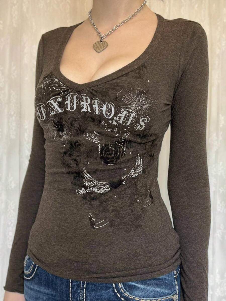 Womens Fairy Grunge T-Shirt Y2k Vintage V-Neck Long Sleeve Pullover Tops Slim Fitted Tops Aesthetic Clothes T-Shirt Graphic Tees Shirt E-Girl Streetwear Summer Spring Fall Basic Clothes Tops - 棕色 - 查看 1