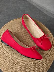 女士方头浅蝴蝶结装饰平底休闲一脚蹬鞋，黑色，百搭，适合秋季及所有季节 - 紅色 - 查看 3