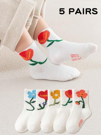 5 双女童短袜，新秋季系列，浪漫心形和花卉图案，有弹性，适合春、夏、秋、冬，适合儿童、学生、幼儿穿着
