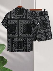 Men's Paisley Print Short Sleeve Shirt And Shorts 2 Pieces Set With Single-Breasted Button, Elastic Waist Drawstring And Pockets - Black - View 3