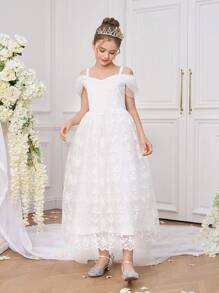 Abito da damigella d'onore per ragazze pre-adolescenti con mantella, morbido e ricamato, elegante abito bianco da cerimonia, comunione, compleanno e ballo