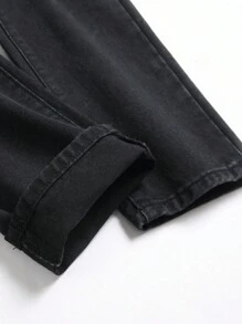 男士修身直筒破洞牛仔裤，日常休闲装 - 黑色 - 查看 7