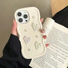 One Dopamine Macaron Big Wave Geometric Faux Pearl Heart Phone Case Compatible With IPhone 16/Redmi Note 11 4G/Galaxy A55/Infinix Note 30/Motorola Moto E30