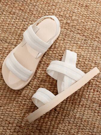 Women's White Flat Sandals, Casual Elastic Strap Slip-On Beach Shoes For Daily Wear, Travel, All Season