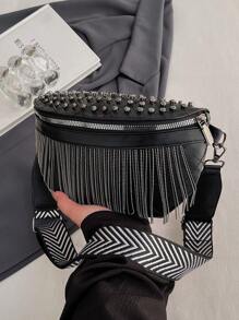 1pc Fashion Fringe Chain Rivet Chest Bag/Waist Pack/Crossbody Bag, Perfect For Rodeo Occasion, Western Purse For Women - Black - View 2