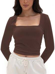 GEREARC Women's Crop Tops Square Neck Shirts Long Sleeve Cropped Tshirts Fitted Tees Basic Clothes Sexy - 咖啡豆 - 查看 1