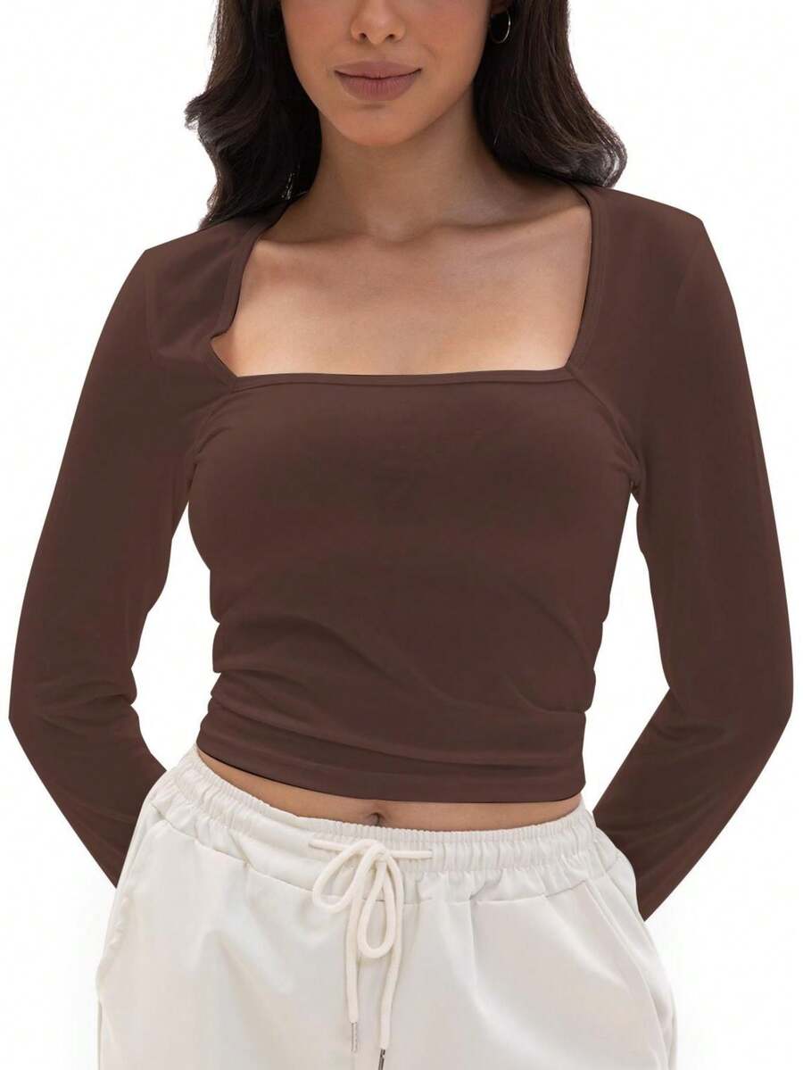 GEREARC Women's Crop Tops Square Neck Shirts Long Sleeve Cropped Tshirts Fitted Tees Basic Clothes Sexy - 咖啡豆 - 查看 1
