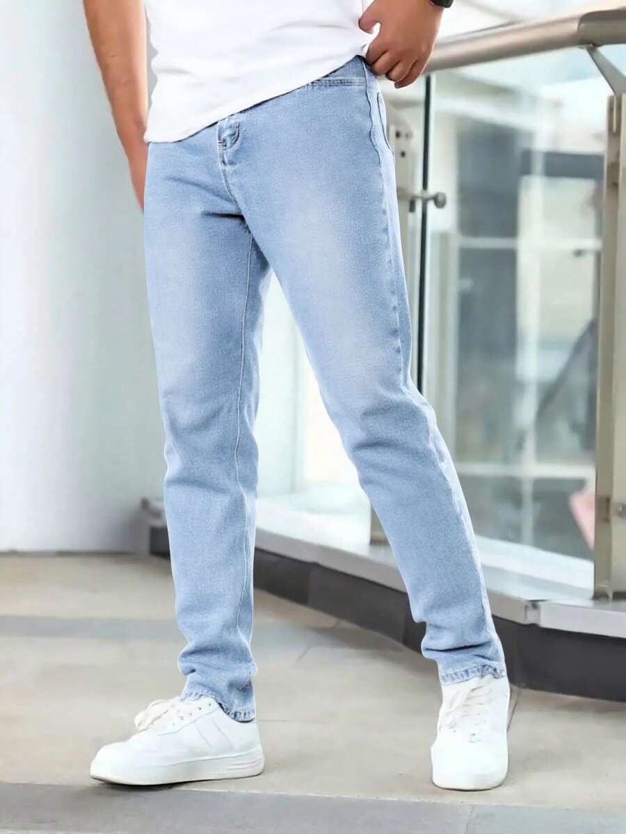 Men's Slim-Fit Versatile Plain-Color Casual Commute Jeans, Elastic Straight-Leg Business Pants, Slant Pockets Soft Cotton Fabric, Wearable All Season - Baby Blue - View 1