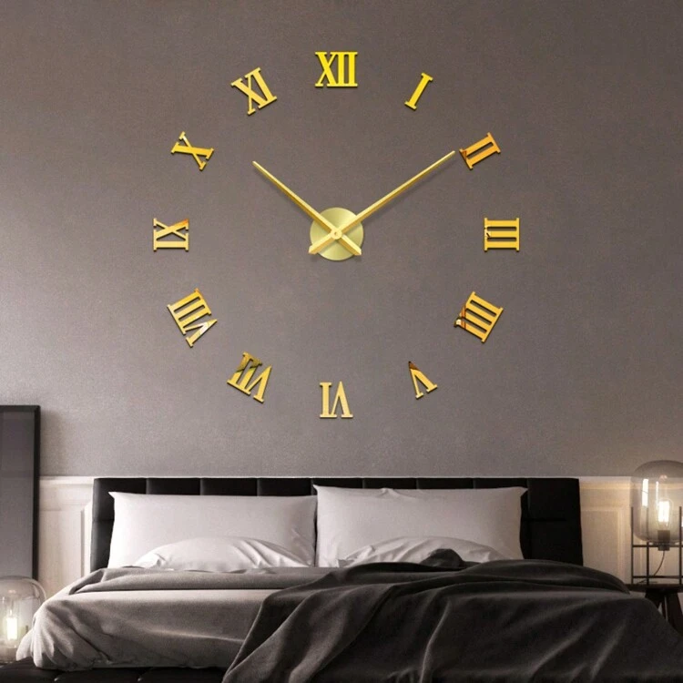 Reloj de pared grande de 16"/36"/47" de diseño moderno, reloj de cuarzo 3D/2D DIY, reloj de moda, pegatina de espejo acrílico, decoración del hogar para la sala de estar, oficina, regalo para cumpleaños, graduación, dormitorio, dormitorio, vuelta al colegio, decoración escolar, suministros de estudio - Dorado - Añade 4
