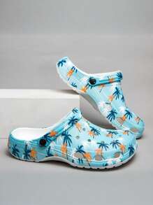 男女通用简约可爱万圣节南瓜印花耐磨防滑防水速干休闲日常室内/户外花园散步透气凉鞋 - 藍色椰樹 - 查看 2