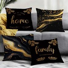 4pcs Set Simple Black & Gold Marble Texture Home Cushion Cover, Single-Sided Printed Peach Velvet Material, 45*45CM/18*18inch Throw Pillow Case Suitable For Modern Minimalist Sofa, Living Room Decor, Gift, Party Decoration