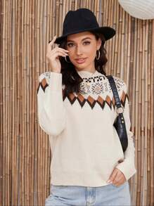 VIBEWAVE 女士菱形格休闲打底衫撞色款，穿毛衣出Fel Island - 米色 - 查看 6