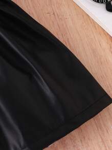 2pcs Baby Girls' Simple Black Ribbed & Faux Leather Patchwork Cap Sleeve Dress With Bow Headband