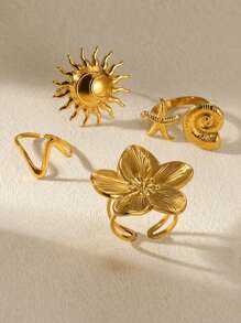 Elegant Big Bloom Flower Stainless Steel Ring, Conch Starfish Adjustable Open Rings For Women, 18K Gold-Plated Wedding Jewelry Aesthetic Beach Vacation Daily Wear Accessories Gifts - Stainless Steel - View 11