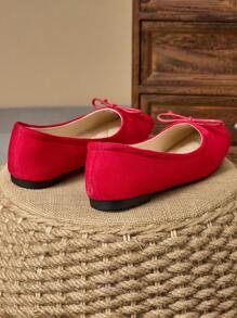 女士方头浅蝴蝶结装饰平底休闲一脚蹬鞋，黑色，百搭，适合秋季及所有季节 - 紅色 - 查看 6