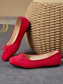 女士方头浅蝴蝶结装饰平底休闲一脚蹬鞋，黑色，百搭，适合秋季及所有季节 - 紅色 - 查看 4