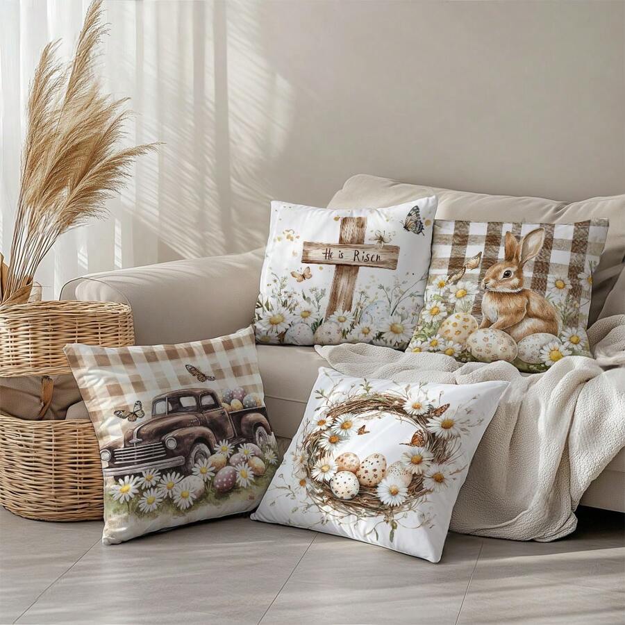 4 件套复活节格子兔子和鸡蛋抱枕套套装，单面桃色天鹅绒面料，45 * 45 厘米/18 * 18 英寸枕套，适用于现代简约沙发客厅装饰、礼物、派对装饰 - 彩色 - 查看 1