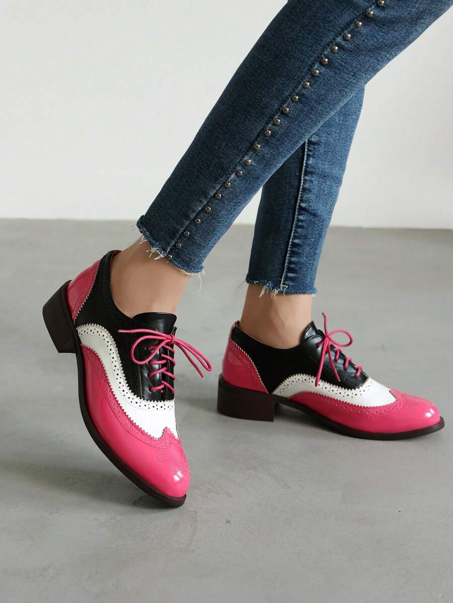Francesine retrò da donna, Scarpe Oxford con lacci, in pelle laminata con platform piatto, a patchwork
