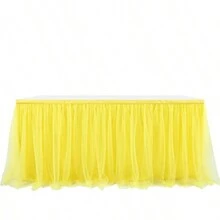 1pc Yellow Sheer Ruffle + Lining Table Skirt, Suitable For Rectangular And Round Dining Tables - Perfect For Birthday Parties, Weddings, Bridal Showers, Cake Tables, And All Celebration Events - Yellow - View 3