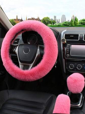 3pcs/Set Fluffy Fuzzy Steering Wheel Cover With Handbrake Cover & Gear Shift Cover Universal