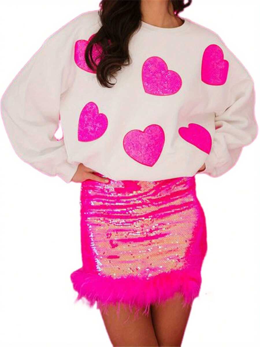 Womens Sequin Sweatshirts Long Sleeve Round Neck Heart/Angel Embroidery Pullovers Oversized Tops - White - View 1