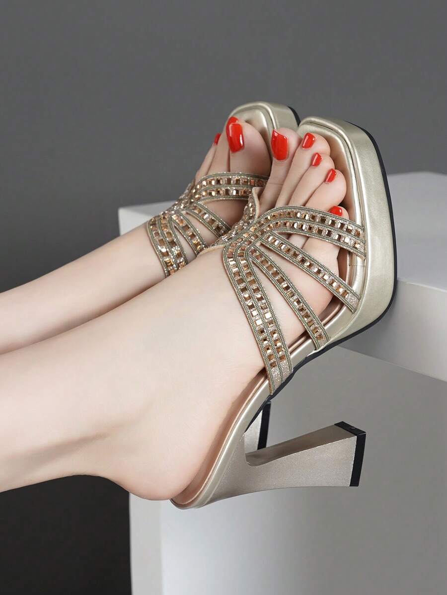 Women's Summer New High Heel Sandals, Thick Heel Waterproof Platform Metal Decor Transparent Open Toe Slides