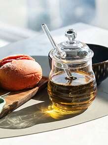 1pc Transparent Glass Honey Jar With Lid And Mixing Stick, Creative Glass Storage Pot - Clear - View 12
