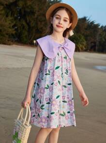 ASK JUNIOR Tween Girls[Flowers]女童连衣裙夏季儿童裙子透气时尚蝴蝶结领公主裙 - 紫色 - 查看 7