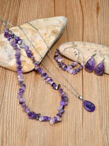 Boho-Chic 6pcs Amethyst Jewelry Set - Natural Stone Necklace & Earrings, Perfect For Casual Attire & Gifting - Multicolor - View 13