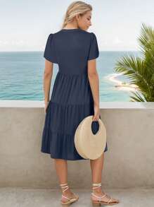 tooluck Dresses For Women,Summer Dresses,Vacation Dresses For Women,Casual Dresses For Women,Womens Ruffle Sleeve V Neck Midi Dress Casual Fit Flowy Tiered Vacation Sundress - 藏蓝色 - 查看 2