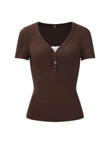 Áo nữ tay ngắn cổ chữ V ôm sát gợi cảm phong cách Y2K, thiết kế mùa hè, thường ngày. - màu nâu - Xem 9