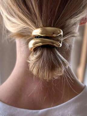 1 pieza Elegante lazo de metal dorado simple para el cabello, bandas de cuero de estilo divertido y oscuro con forma curva, sujetador de coleta de estilo de lujo para mujer, accesorio de lazo de cabello simple y elegante, cinta elástica para coleta con nudo brillante, cinta elástica para coleta con forma de cúpula, bandas elásticas para el cabello, accesorios para el cabello de mujer, adorno dorado para el cabello, lazos para el cabello, sujetadores de coleta, bandas de goma para el cabello, scrunchies, cuerda para el cabello, bolas para el cabello