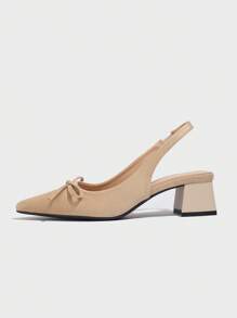 女士优雅蝴蝶结装饰尖头露跟高跟鞋，舒适粗跟鞋，适合正式场合、派对、工作、秋冬，米色绒面革，优雅 - 杏色 - 查看 7