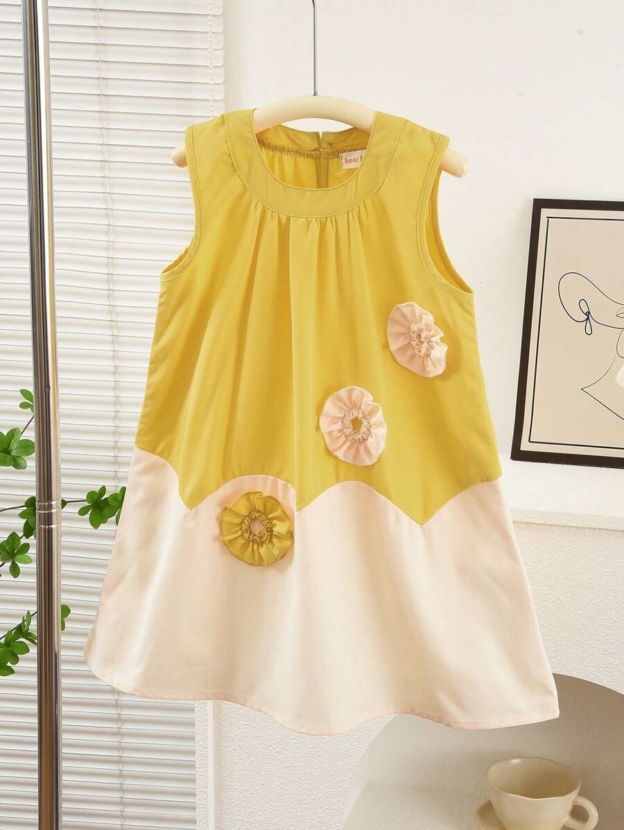 Váy thường ngày Colorblock đính vải dễ thương cho bé gái mùa hè - Màu vàng - Xem 1