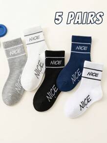 5 pares de calcetines para niños/niños de media pantorrilla con patrón de líneas "NICE" en negro, blanco, gris, azul marino, elásticos y con costillas altas, cómodos y versátiles, con estilo deportivo y universitario clásico, para usar en primavera, verano, otoño e invierno, para niños y niñas