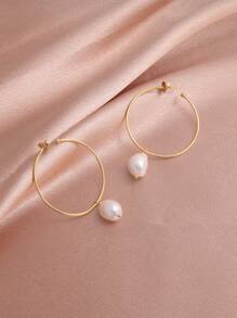 1 Cặp bông tai vòng lớn bằng ngọc trai nước ngọt tự nhiên mạ vàng 18K, Quà tặng cho Ngày của Mẹ, Ngày lễ tình nhân, Sinh nhật, Đám cưới, Lễ đính hôn, Cô dâu - trắng - Xem 1