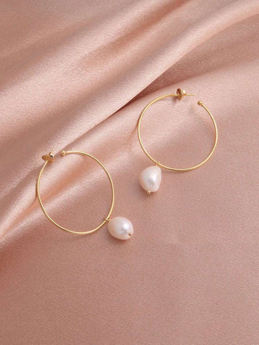 1 Cặp bông tai vòng lớn bằng ngọc trai nước ngọt tự nhiên mạ vàng 18K, Quà tặng cho Ngày của Mẹ, Ngày lễ tình nhân, Sinh nhật, Đám cưới, Lễ đính hôn, Cô dâu - trắng - Xem 1